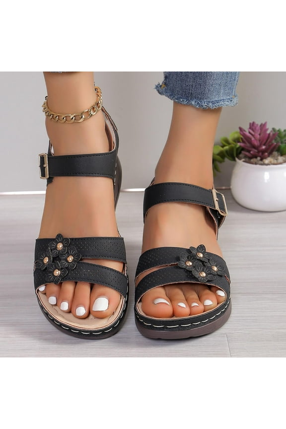 Under $15 Sandals Women, Xunlbb Summer New foreign Trade Large Size Wedge With Fish Mouth Solid Color Large Size One Line Buckle Beach Sandals(Black,39)
