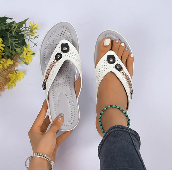 Under $15 Sandals Women, Xunlbb Women's Spring And Summer New Large Size Wedge Slippers Beach Metal Buckle Wedge Sandals Fashion Casual Beach Sandals(White,Size:43)