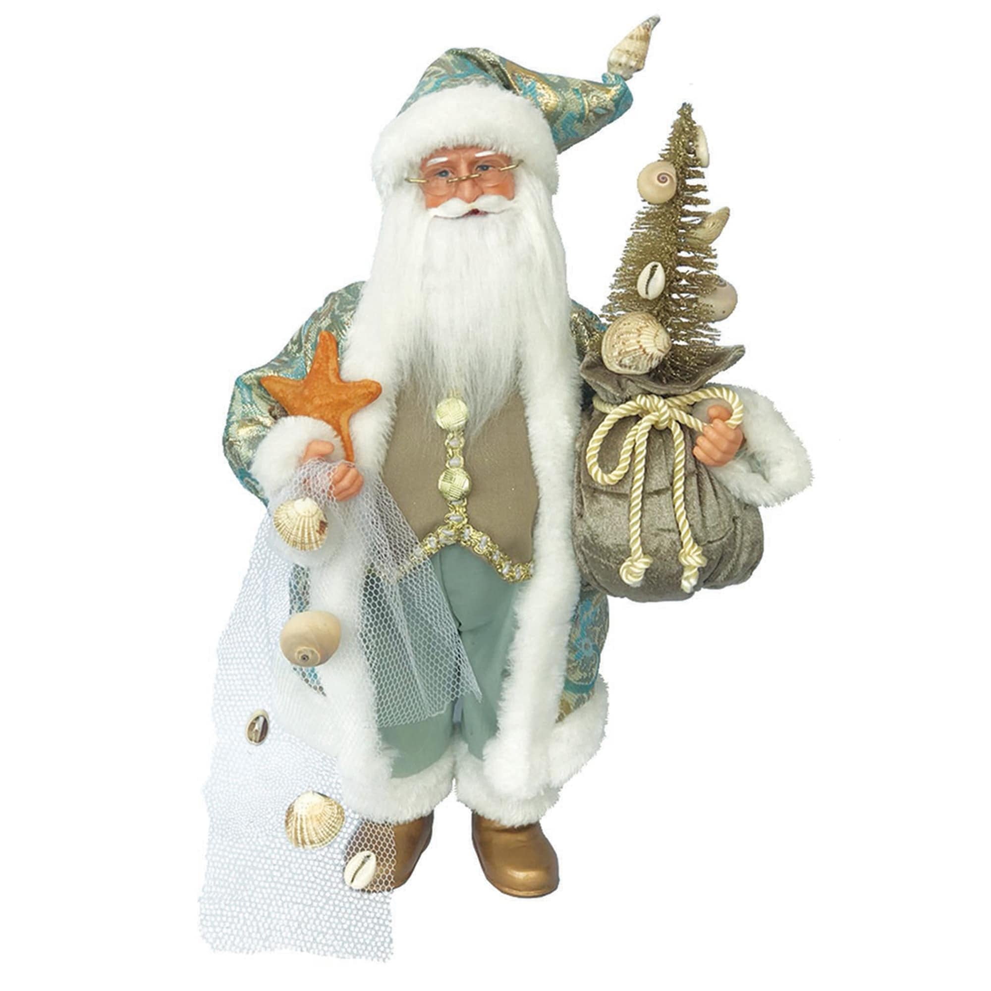 15" Coastal Santa Figurine with Seafoam Jacket and Shell Accents