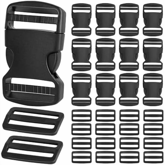 15 Set 1.5 Inch Side Release Buckles Plastic Clips 30 PCS Tri-Glide Slides, Heavy Duty Dual Adjustable Plastic Buckle No Sewing Black Buckle Replacement for Backpack Luggage Strap Pet Collar