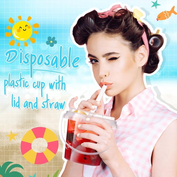 15 Set 24oz Clear Plastic Drink Buckets with Lids and Straws, Disposable Iced Coffee Cups, Cocktail Party Rum Buckets, Smoothie Bulk Cups with Handles for Beach Pool Party Supplies
