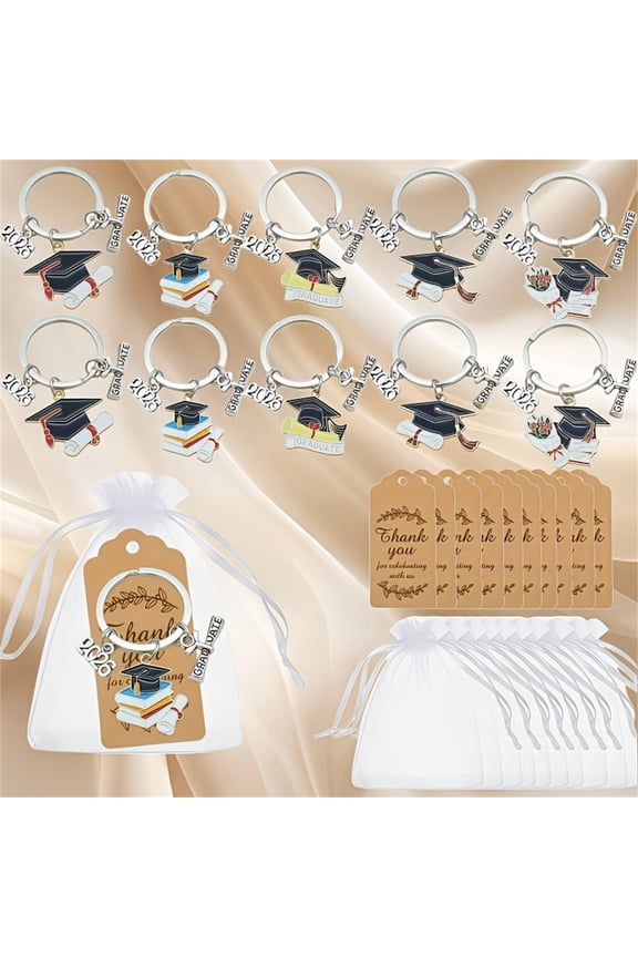 15 Set Graduation Party Favors ,2026 Graduation Gifts Keychain, Grad Keepsakes Souvenirs Key Rings for Guest Grad Cap Charms Thank You Kraft Tags ,Gauze Bags.