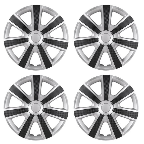 15" Set of 4 Black Wheel Covers Snap on Hub Caps Fit R15 Tire + Steel Rim(Silver & Mould Texture)