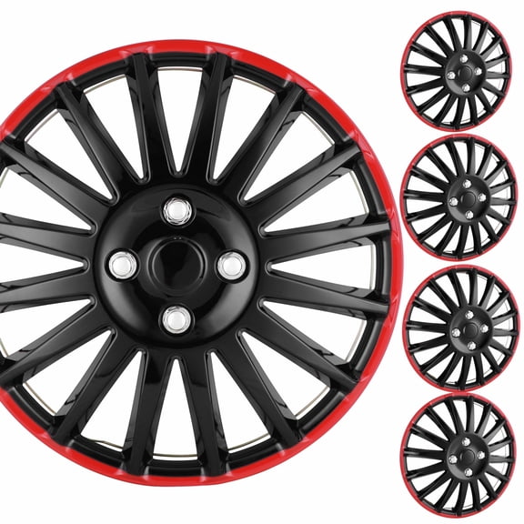 15" Set of 4 Wheel Covers Snap on Hubcaps Full Hub Caps Fit R15 Tire & Steel Rim (4 Pack)-Black Lacquer & Red Lacquer