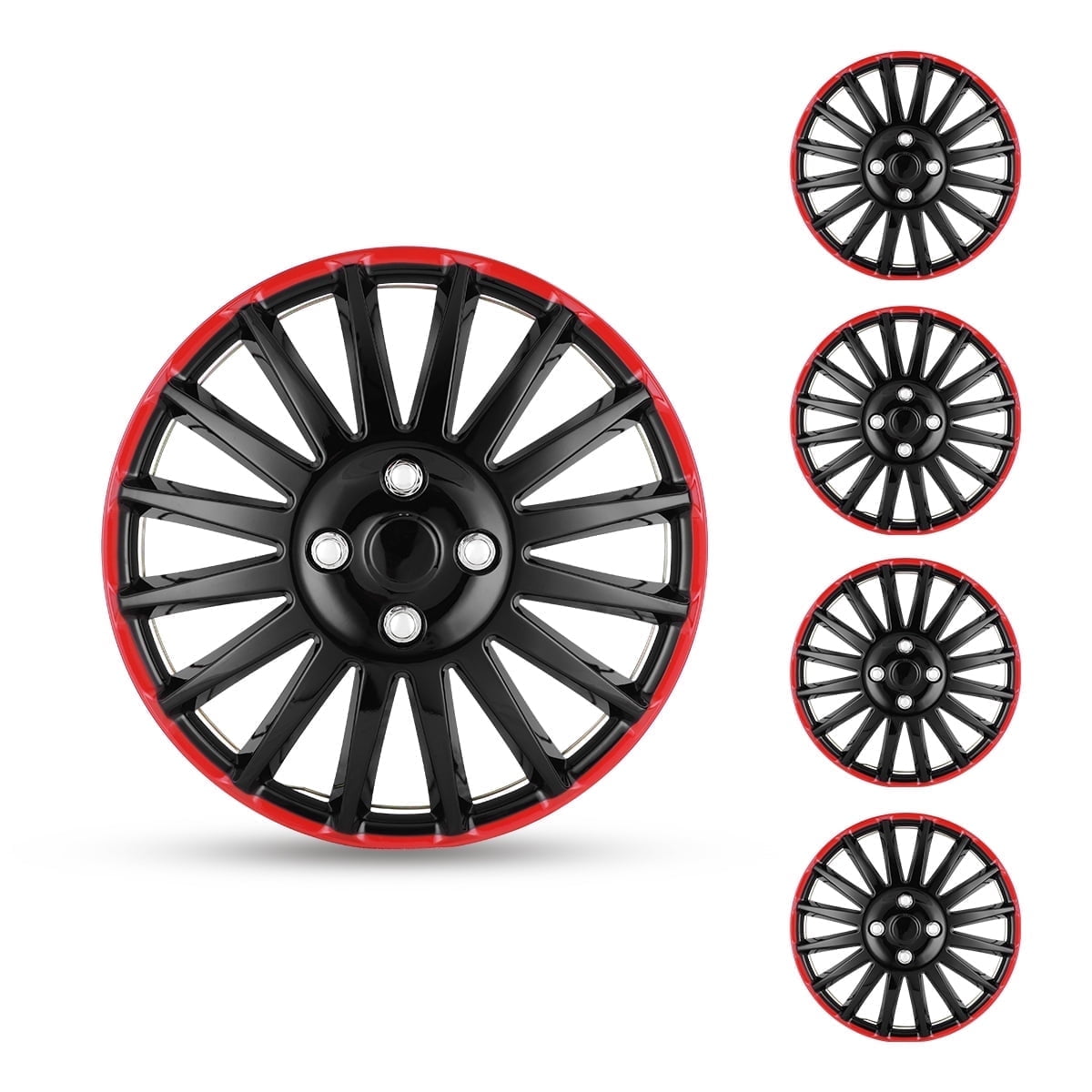 15" Set of 4 Wheel Covers Snap on Hubcaps Full Hub Caps Fit R15 Tire & Steel Rim (4 Pack)-Black Lacquer & Red Lacquer