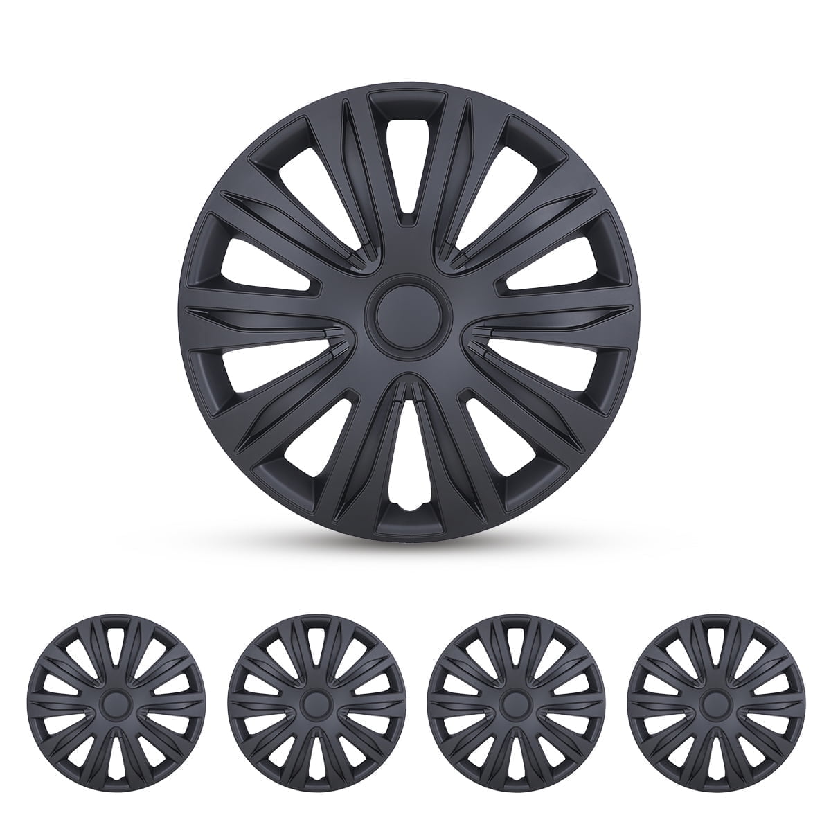 15" Set of 4 Wheel Covers Snap on Hubcaps Full Hub Caps Fit R15 Tire & Steel Rim - Black Matte