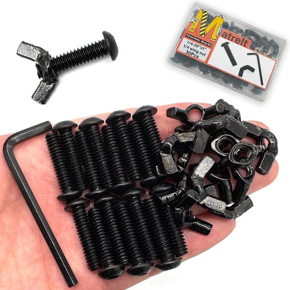 15 Sets Black 1/4"-20 x1 Screw Bolts and Wing Nut Kit 15pcs Machine Screws with Button Head Socket Cap 15pcs Butterfly Hand Twist Tighten Nut Hardware Fitting Fasteners with Hex Key Assortment Kit