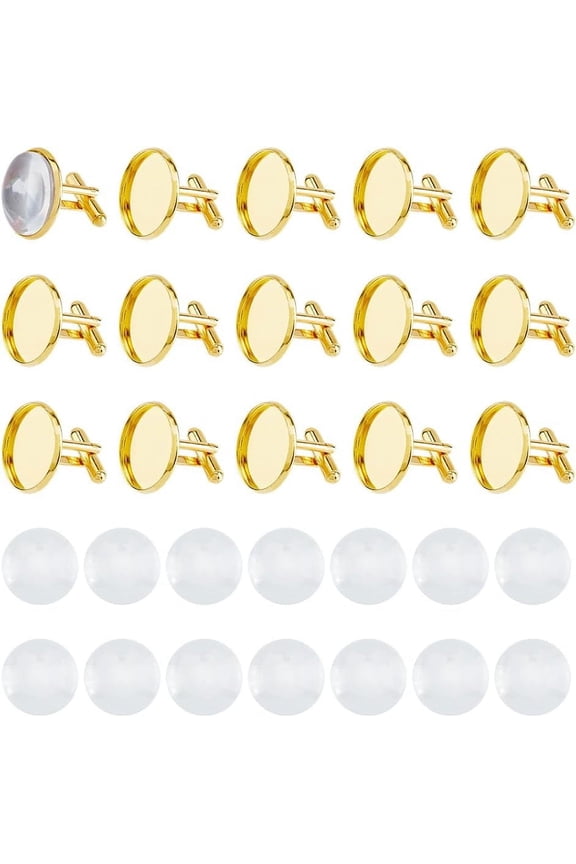 15 Sets Blank Cufflinks Bulk 20mm Cuff Button Brass Men's Cufflinks Cabochons Frame Tray Bezel Cufflink Golden Blanks Setting Tray for Photo Cufflinks DIY