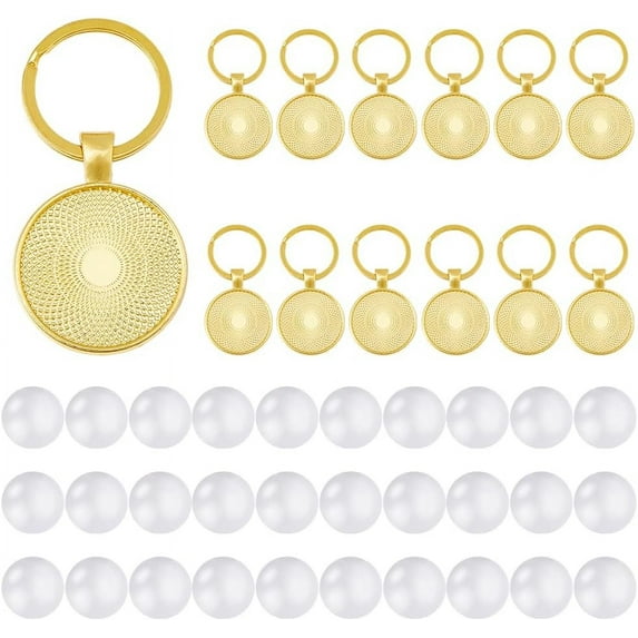 15 Sets Cabochon Keychain Blanks Bezel Trays Double Side Pendant Trays Round Alloy Photo Frames with Split Ring Metak Tray Charms Keychain with 30Pcs Glass Cabochon for DIY Jewelry Making Golden