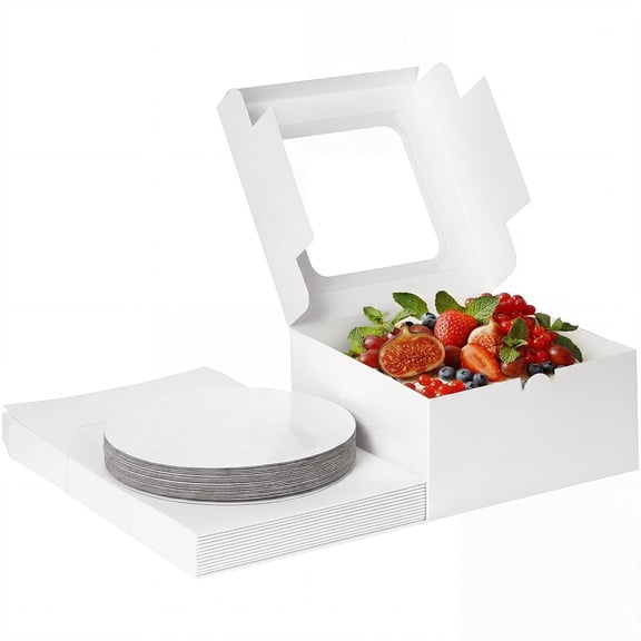 15 Sets Cake Boxes, 10x10x5 Inches Bakery Boxes with Cake Boards, 10 Inch with Stickers Disposable Cake Containers with Lids for Valentine's Day Mother's Day Cheesecake, Cakes