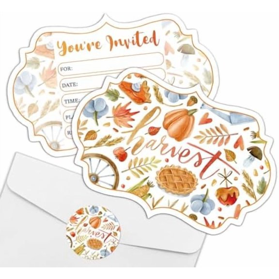 15 Sets Fall Harvest Party Invitations with Envelopes Stickers, Shaped Fill-in Invitation Cards, Thanksgiving Dinner Invites, Funny Thanksgiving Fall Party Supplies for Family Friend