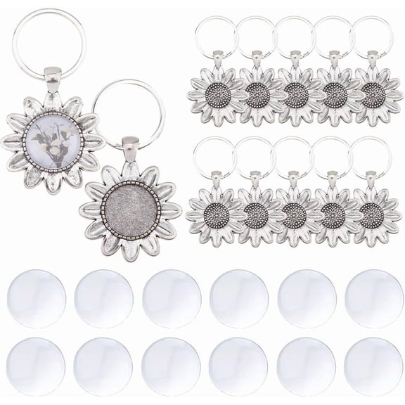 15 Sets Flower Cabochon Keychain Blanks Keychain Pendant Tray 18mm Alloy DIY Keyring Making Kit with Cabochons for Photo Personalized Key Chain Making for DIY