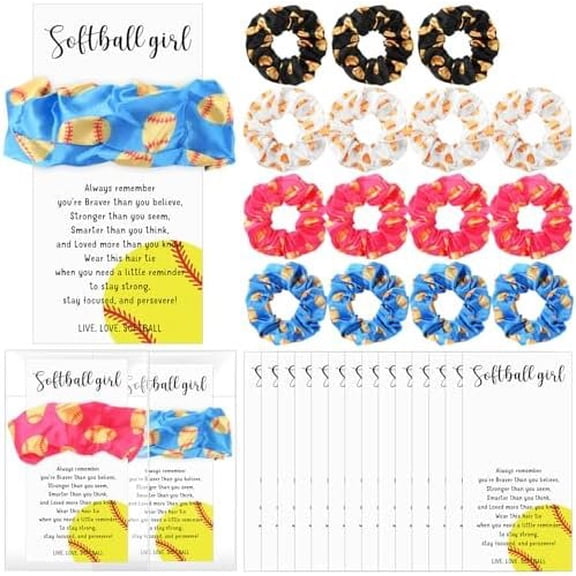 15 Sets Softball Scrunchies Hair Accessories for Girls Softball Senior Night Decorations Hair Ties with Inspirational Cards Bulk Party Favors for Team Women Lovers