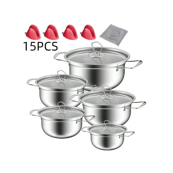 15 Sets Stainless Steel Stock Pot Set With Glass Lid Induction Cooking Pots Large And Small Cooking Pots Double Handle Multifunctional Kitchen Items For Stews And Soups