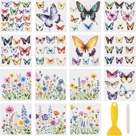 15 Sheets Butterfly UV DTF Wraps Stickers,Flowers Rub on Transfers Furniture Stickers Waterproof Transfers Window Decals for Glass and DIY Crafts,12 * 12CM