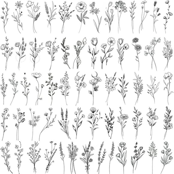 15 Sheets COKTAK Tiny Branch Black Flower Temporary Tattoos For Women Girl Floral Bouquet Small Tattoo Temporary Wild Plant Lavender Sweet Pea Larkspur Fake Tatoo Adults Face Hands Kids Kit Sticker