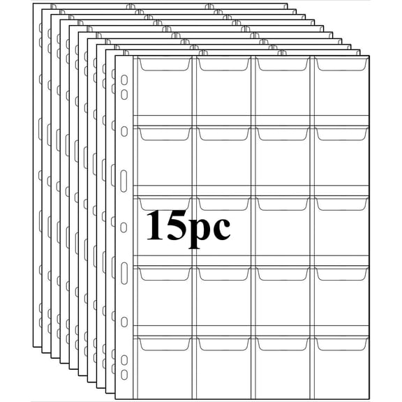 15 Sheets Coin Binder Pages, 300Pocket Coin Sleeves Holders, 1.77 x 1.77 Inch Standard 9Hole Plastic Coin Pages for Binder, Coin Collecting Supplies