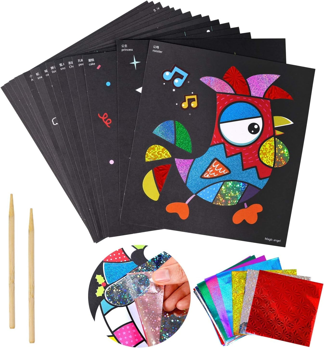 15 Sheets Fab Foil Art Picture, Art and Crafts for Kids, with 30 Foil Sheet, 2 Wooden Stylus and 1 Instructional Book, Gift for Children Kids Boys Girls