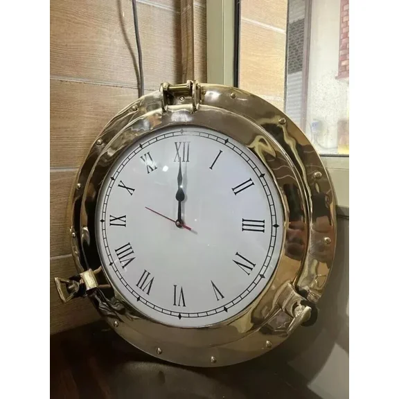 15" Shiny Brass Marine Brass Ship Porthole Clock Analog Clock Nautical Wall Item