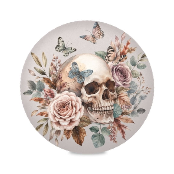 15" Skull Floral Printed Round Placemats Set of 1 Heat Resistant Table Mat for Kitchen for Party Deco