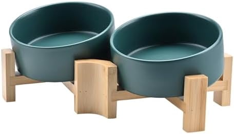 15° Slanted Ceramic Dog and Cat Bowl with Wooden Stand, Tilted Bulldog Food and Water Bowl No Slip Non-Spill for Cats Medium Dogs Big Face Pets 13.5 OZ (1.7 Cups, Green × 2)
