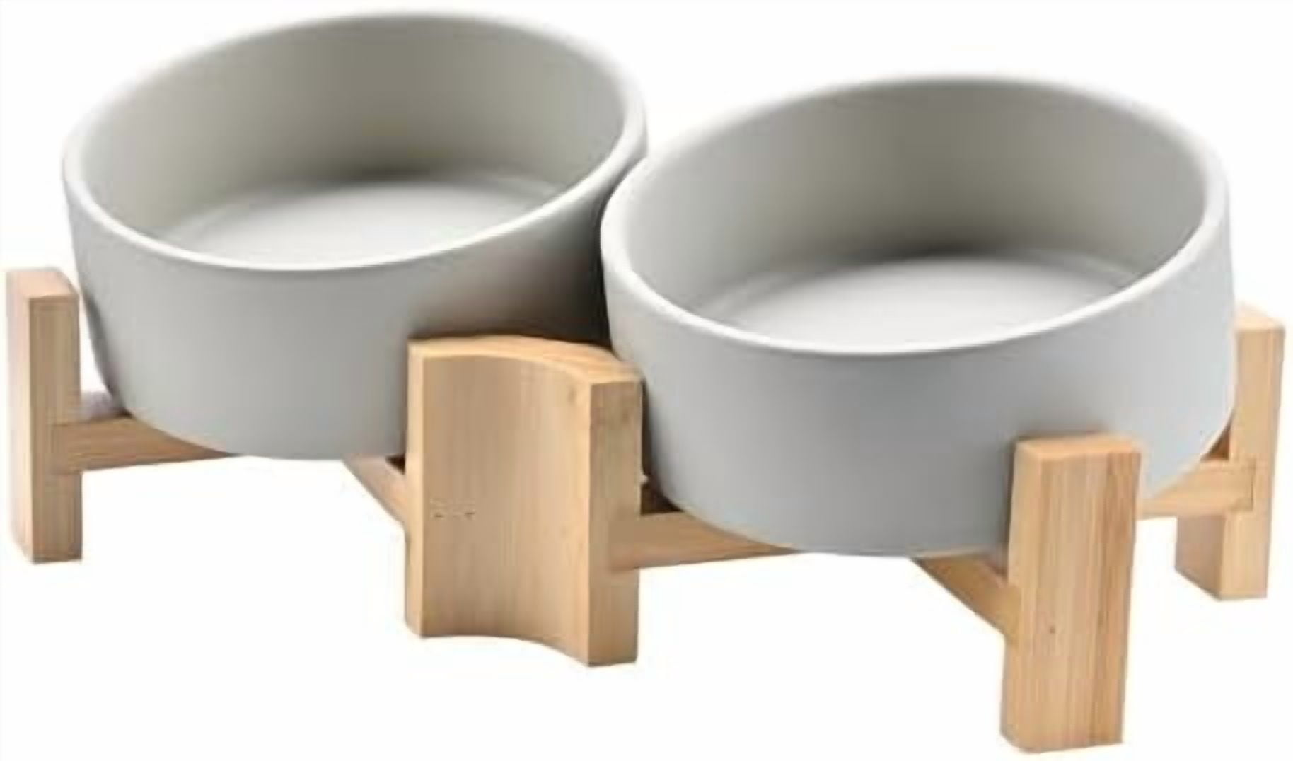 15° Slanted Ceramic Dog and Cat Bowl with Wooden Stand, Tilted Bulldog Food and Water Bowl No Slip Non-Spill for Cats Medium Dogs Big Face Pets 13.5 OZ (1.7 Cups, Grey × 2)
