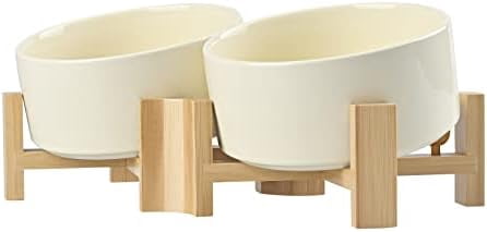 15° Slanted Ceramic Dog and Cat Bowl with Wooden Stand, Tilted Bulldog Food and Water Bowl No Slip Non-Spill for Cats Medium Dogs Big Face Pets 28.7 OZ (3.6 Cups, Beige × 2)