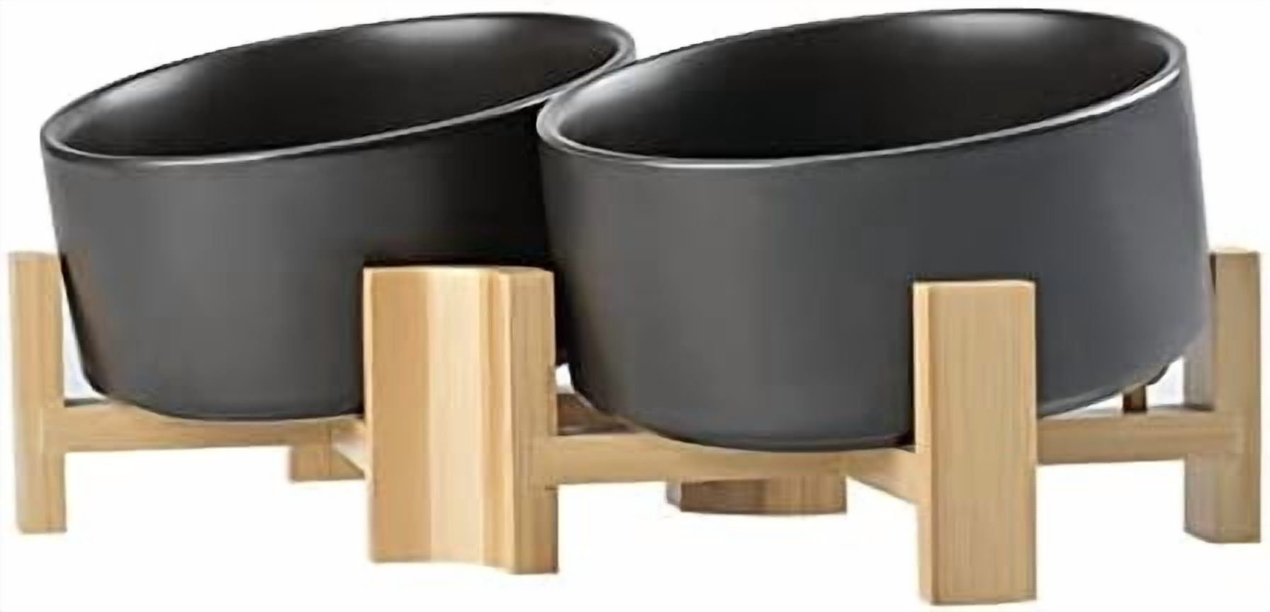 15° Slanted Ceramic Dog and Cat Bowl with Wooden Stand, Tilted Bulldog Food and Water Bowl No Slip Non-Spill for Cats Medium Dogs Big Face Pets 28.7 OZ (3.6 Cups, Black × 2)