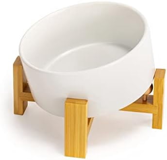 15° Slanted Ceramic Dog and Cat Bowl with Wooden Stand, Tilted Bulldog Food and Water Bowl No Slip Non-Spill for Cats Medium Dogs Big Face Pets 28.7 OZ (3.6 Cups, White)