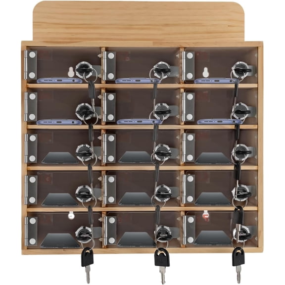 15-Slot Clear Acrylic & Wood Cell Phone Storage Cabinet with Locks and Keys for Office or Classroom