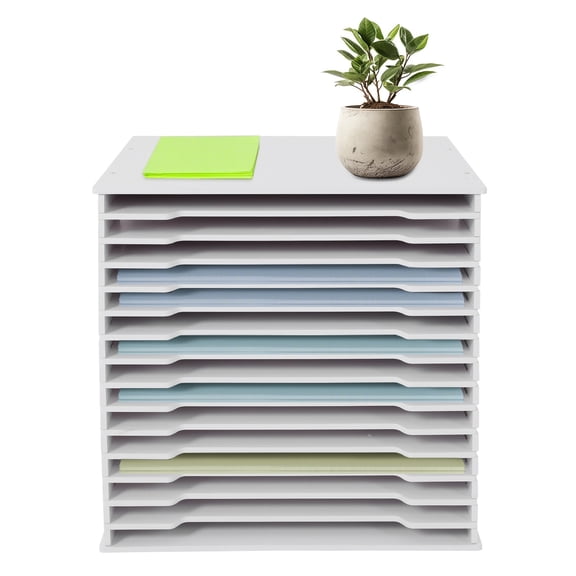 15-Slot Desktop File Organizer with Adjustable Shelves, PVC Paper Documents Holder for Office/Home/School (White)