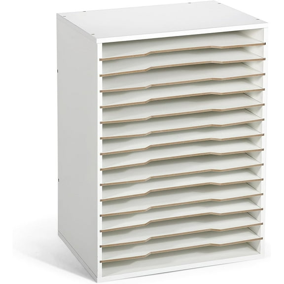 15 Slot Paper Organizer Storage, Wood Adjustable Shelves Paper Storage Shelf with Extraction Slot for 12x12Inch Scrapbooks, Heat Transfer Papers, Files, Vinyl fo Office, Home (White)