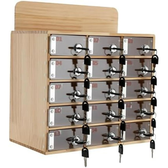 15 Slots Cell Phone Locker Box, Wood & Acrylic Cell Phone Storage Cabinet Bin w/Door Locks & Keys Wall-Mounted Storage Cabinet for Office Classroom School Students Factory