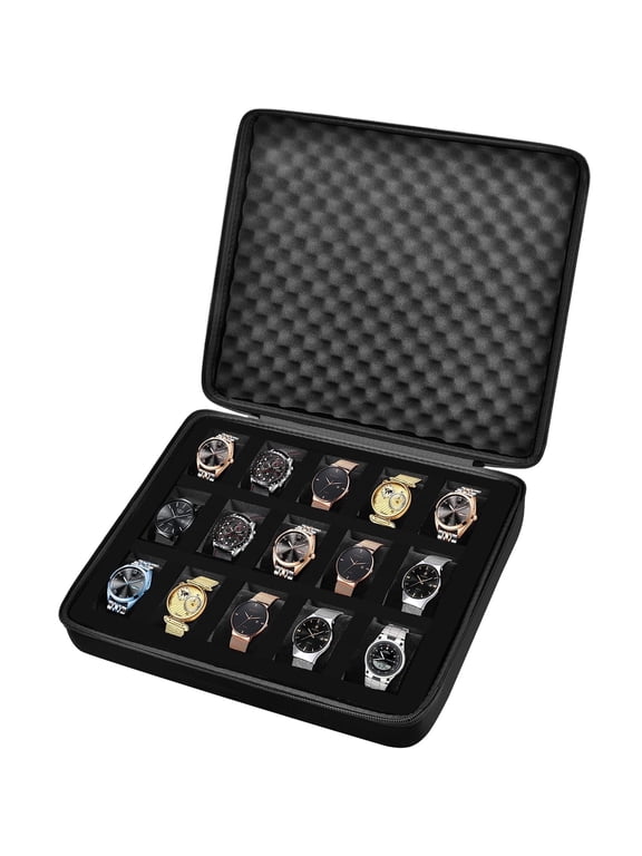 15 Slots Watch Cases for Men Display Storage Case Fits All Wristwatches and Smart Watches up to 42mm- Black