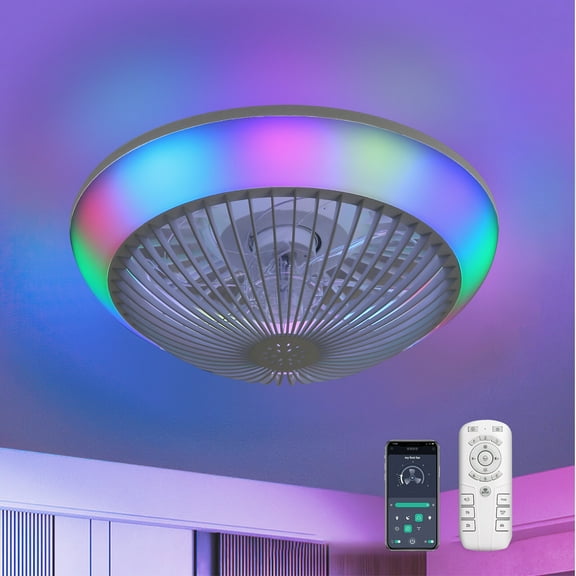 15" Smart RGB Ceiling Fan with Light - Dimmable LED Bladeless Fan with Remote & App Control