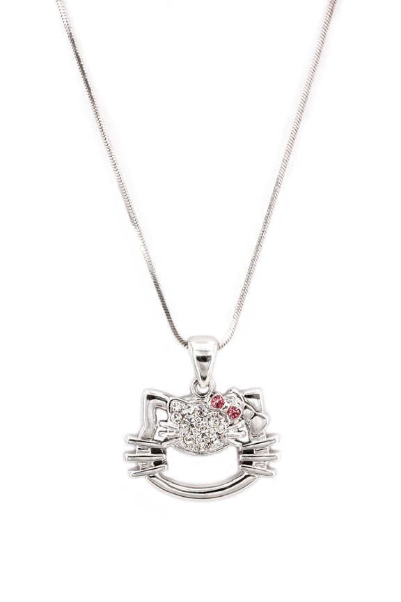 15 Snake Chain Silver-Tone Two-Layer Kitty Pendant Necklace with Pink & Clear Crystals NE-N4863CL-WM