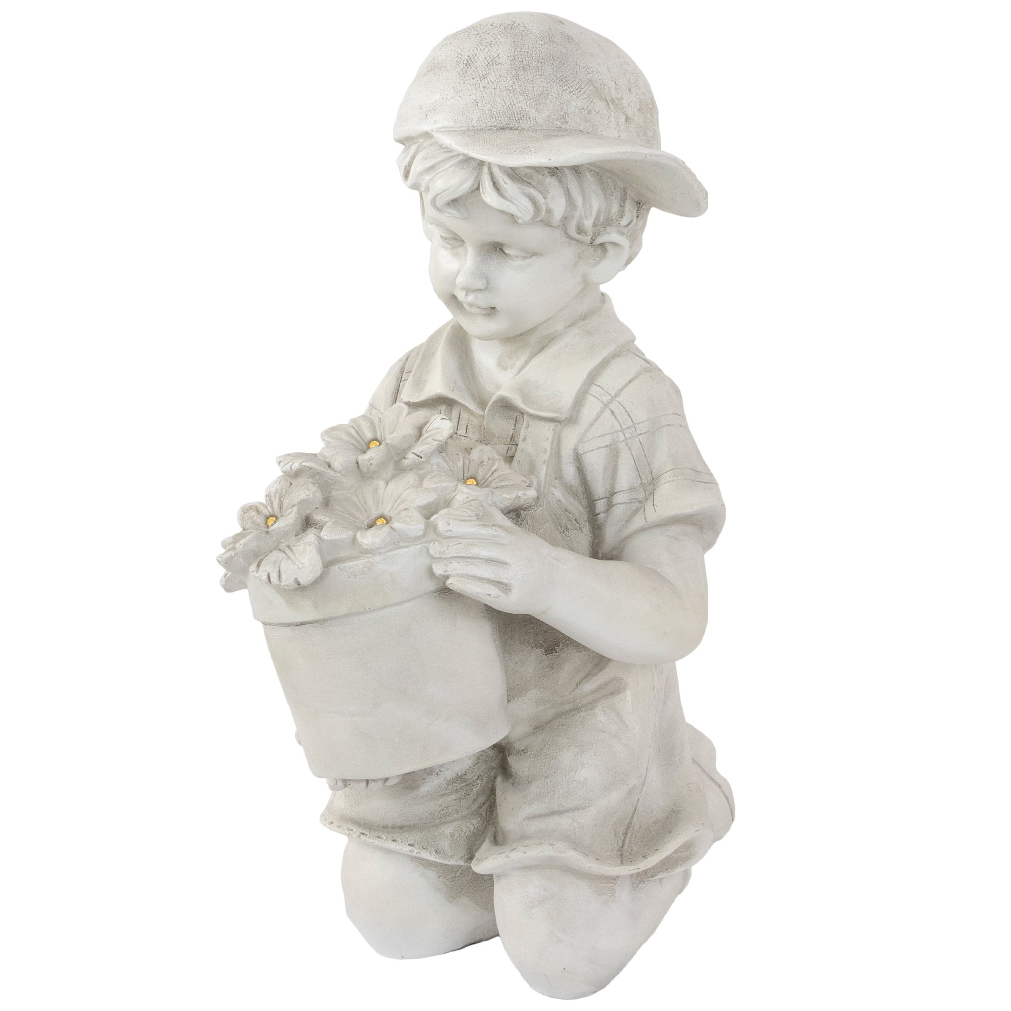 15" Solar LED Lighted Boy with Flowers Outdoor Garden Statue