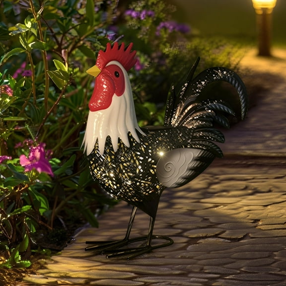 15" Solar Light Metal 3D Rooster Statue - Large Animal Sculpture Chicken Themed Gift for Outdoor Porch Patio Backyard Lawn Ornament