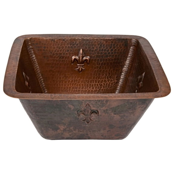 15" Square Fleur De Lis Copper Bar/Prep Sink W/ 3.5" Drain Size