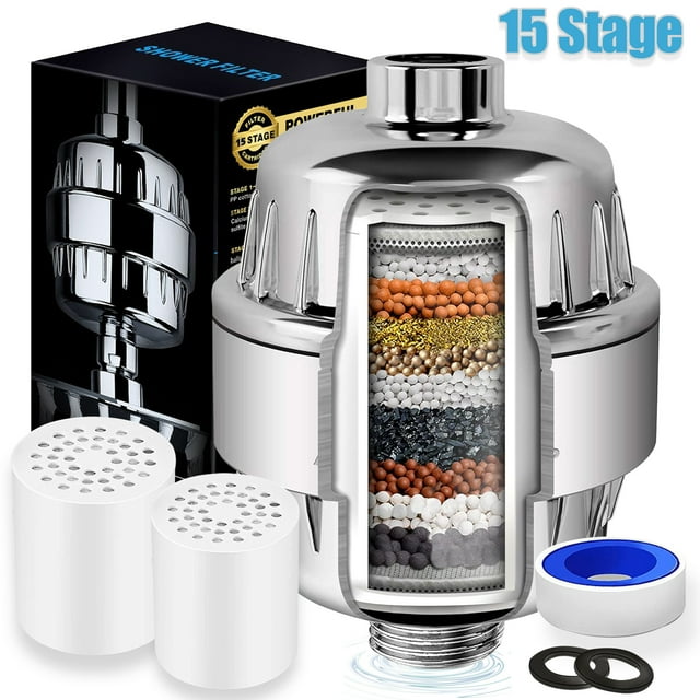 15 Stage Shower Head Filter for Hard Water, Removes Chlorine & Fluoride, with 2 Replaceable