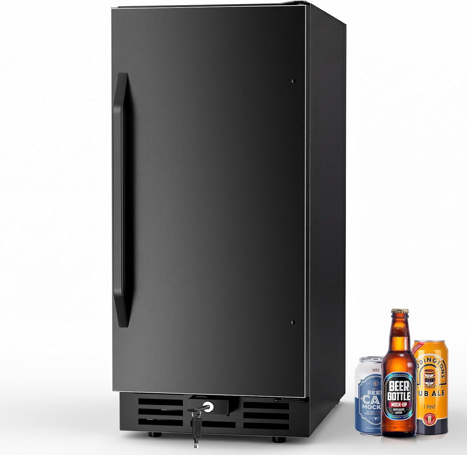 15" Stainless Steel Beverage Refrigerator 127 Cans, Reversible Door Mini Drink Fridge, Built-in/ Freestanding, Blue LED Interior Light, Lock and Key, for Indoor Outdoor Use, Black