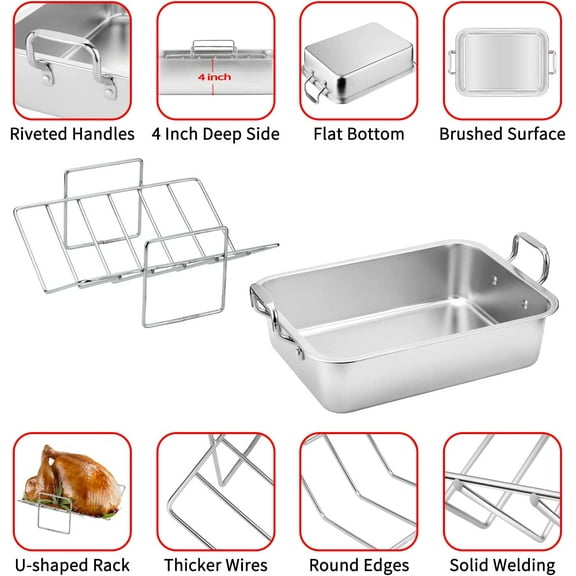 15" Stainless Steel Roasting Pan Set with V Rack & Cooling Rack, Durable Turkey, Chicken & Ham Roaster for Oven Baking and Roasting