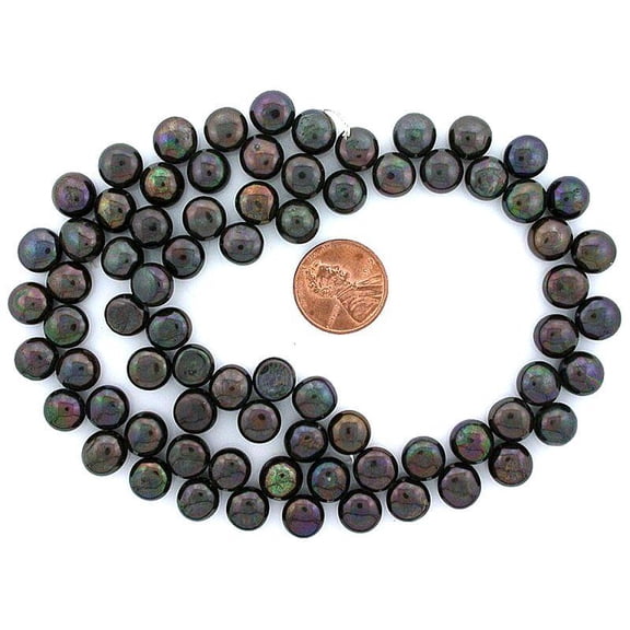 15" Strand 9mm Dark Brown Rainbow Flash Button Gemstone Freshwater Pearl FWP2