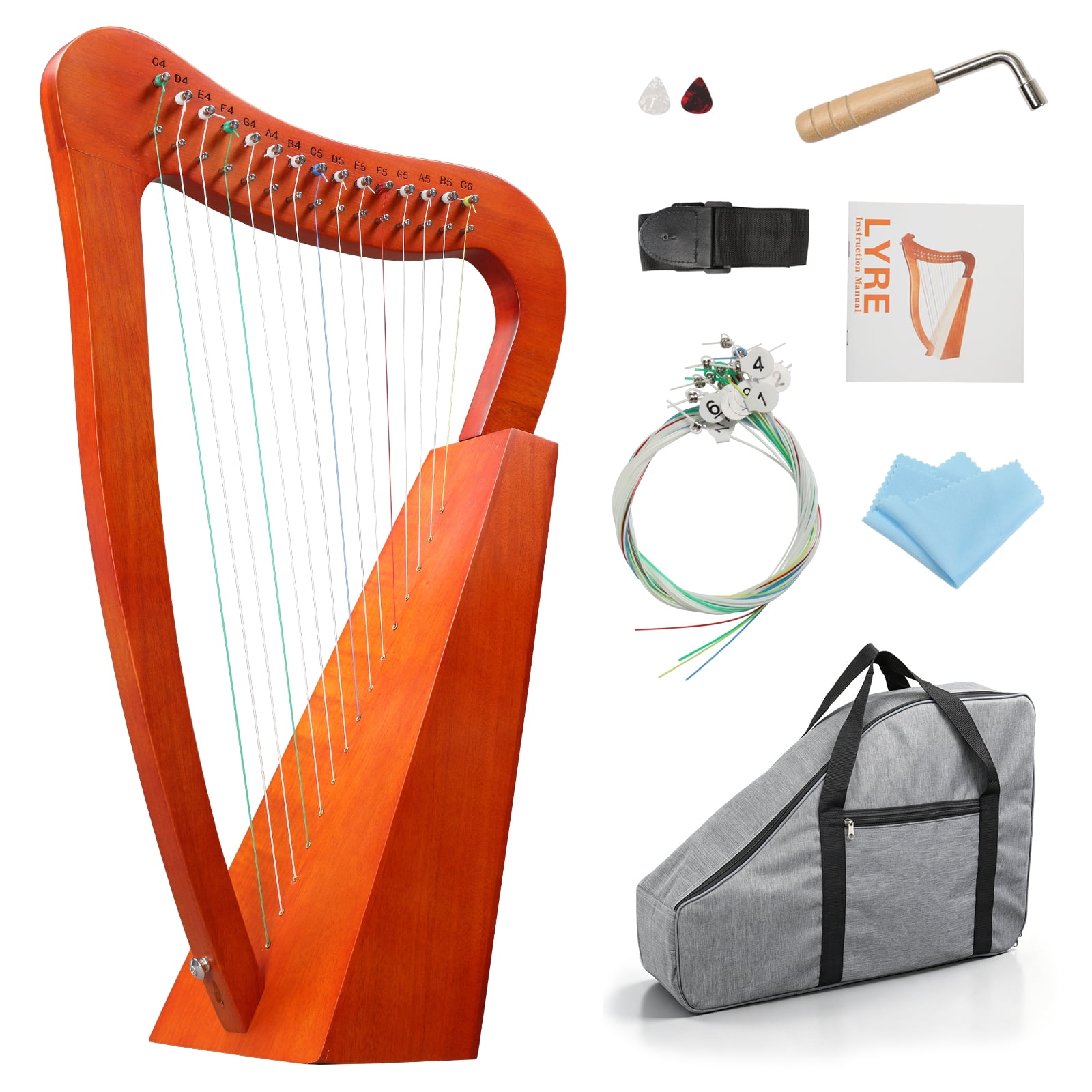 15-String Portable Harp, Solid Wood Irish Harp with C Major Diatonic Scale, Includes Tuning Wrench, Spare Strings, Padded Bag and Accessories, for Beginners and Students