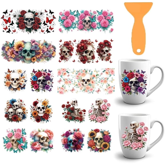 15 Styles Flower UV DTF Cup Wraps 10 Sheets Punk Goth Cup Wraps Decals Waterproof Rub on Transfer Stickers for DIY Glass Cups Furniture Decorations