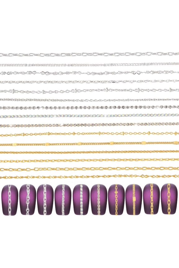 15 Styles Nail Chains Set Nail Jewellery Chians 45 inch Metal Nail Chain Charms Punk Style Nail Accessories Diamond Chain