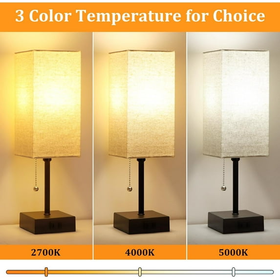15'' Table Set of 2, 3-Color Bedside Lamps with Pull Chain and AC Outlet, Small Night Light Lamps for Bedroom Living Room