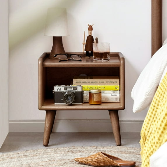 15" Tall Pure Solid Wood Bedside Cabinet with 3-Sided Edging, Modern Simple Nightstand with Open Compartments and Cable Hole, Solid Beech Storage Cabinet, Walnut
