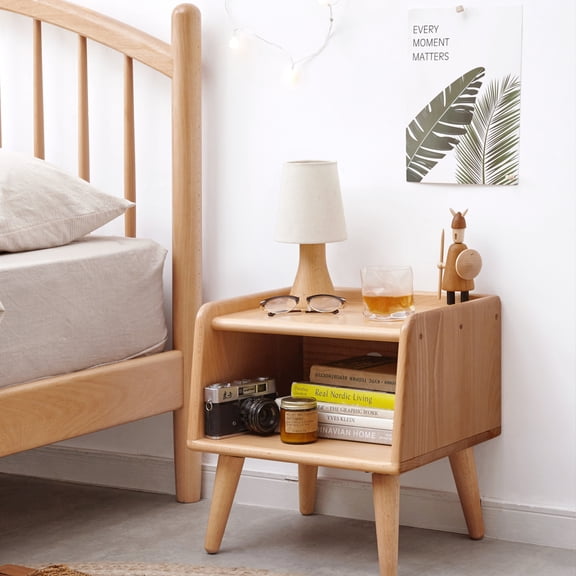 15" Tall Pure Solid Wood Bedside Cabinet with 3-Sided Edging, Modern Simple Nightstand with Open Compartments and Cable Hole, Storage Cabinet, Natural