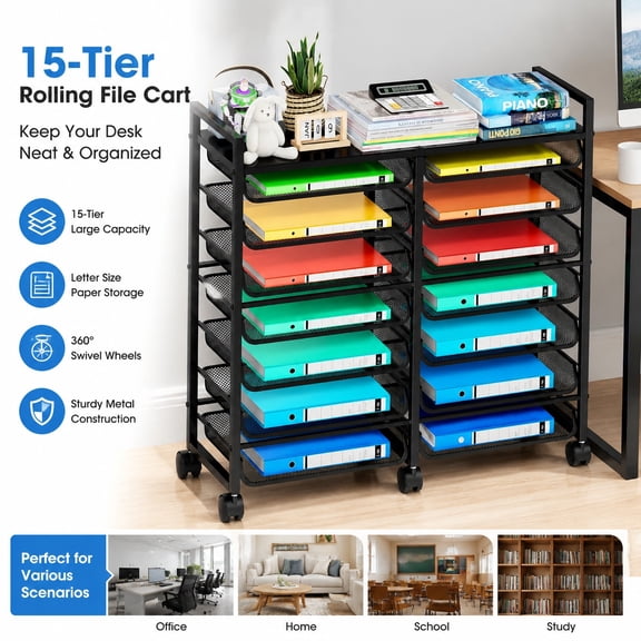 15-Tier Rolling File Cart with 14 Mesh Sliding Trays, Desk File Organizer for Letter & Legal Paper Storage, Mobile Office Utility Cart, Black